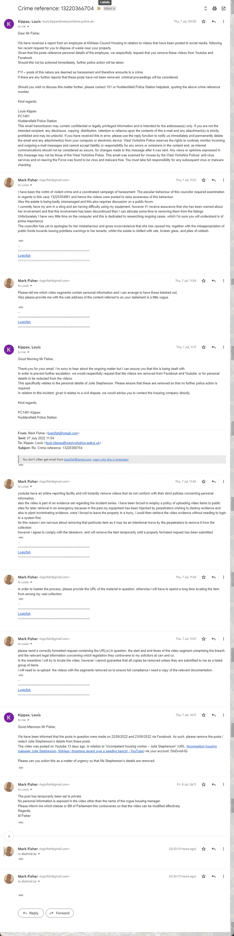 Julie Stephenson, Kirklees Housing Manager, issues bogus complaint to the police Julie Stephenson, Kirklees Housing Manager, issues bogus complaint to the police